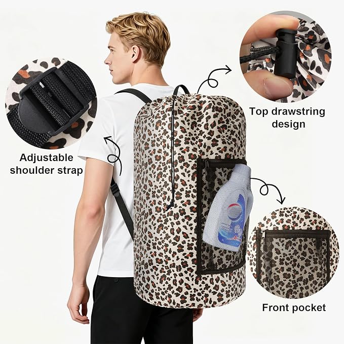 Laundry Bag Backpack Durable Laundry Bag with Shoulder Straps and Mesh Pockets Portable Laundry Hamper Dirty Clothes Bag for College, Travel, Laundromat, Apartment (Leopard Print)