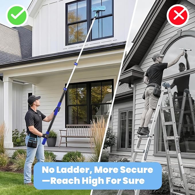 20ft High Reach Extendable Duster Kit with 5-12ft Extension Pole - Ceiling Fan Blade Cleaner, Spider Web Brush Cobweb Remover, Window Squeegee Kit with Telescoping Wand, Extended Extra Long Handle