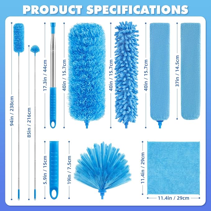 94'' Cobweb Duster with Extension Pole for High Ceiling, Fan | Bendable Microfiber Duster, Spider Web Brush with Telescoping Pole