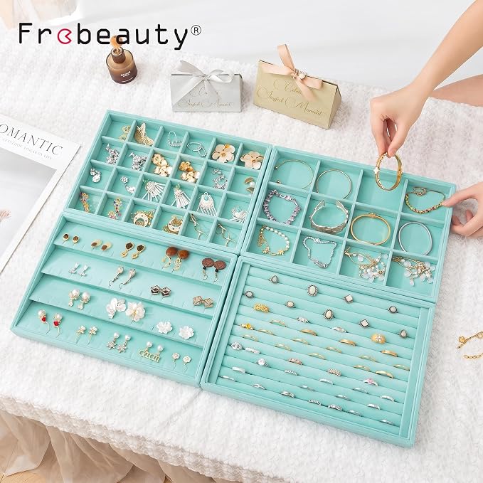 Frebeauty Jewelry Trays for Drawer,Set of 4 Jewelry Organizer and Storage | Velvet Material,Stackable,Adjustable Dividers,Drawer Inserts for Rings Studs Bracelet,Earring Organizer for Women Girls