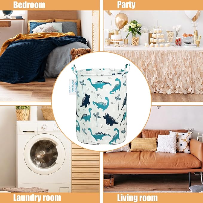 Round Laundry Basket Collapsible Storage Hamper Organizer Full Dinosaur | Waterproof Canvas Foldable Baskets with sturdy Handles Multi-scene Organizer for Home Play Bedroom Gift Bin