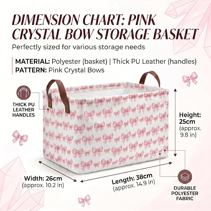 Pink Bow Storage Gift Basket: Waterproof Polyester Collapsible Storage Bin