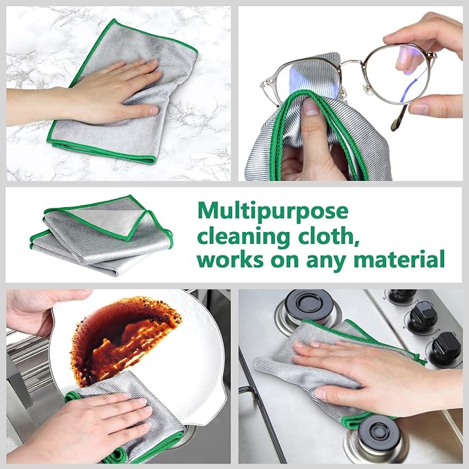 Airlab Glass Polishing Cloth Streak Free Miracle Cleaning Cloth Lint Free Microfiber Cleaning Rags for Glasses Kitchen Dish Mirrors Easy Clean, Pack of 6, 12" x 12", Sliver-Green