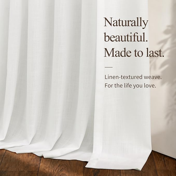Hokibero Natural Back Tab Linen Sheer Curtains 48 Inch Length 2 Panels for Living Room Bedroom, Natural, 42x48