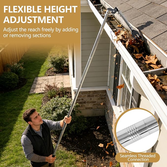 Gutter Cleaning Tools from the Ground, 8.5 FT Dual-Axis Spring Steel Gutter Cleaner, Adjustable Length Gutter Cleaning Pole with Gutter Rake for Leaves, Muck and Roof Debris | Dual-Axis Angle Adjustment
