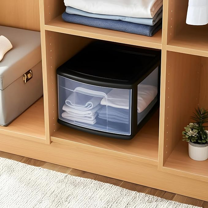 HOMZ 2-Pack 1-Drawer Storage Cart, Clear Plastic Container, 14.25" Wide Medium, Black Frame - Organizing Drawer Containers for Home, Bathroom, Bedroom, Office, and Classroom