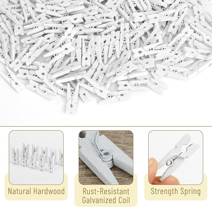 Mr. Pen- Mini Wooden Clothes Pins for Photo, 1 Inch, 200 Pack, White Small Clothespins with 10 Meter Jute Twine for Scrapbooking, Labeling Plants, Gift Tags, Tiny Crafts, Photo Display, Decoration