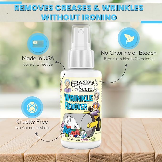 Grandma's Secret Wrinkle Remover - Wrinkle Release Spray, Odor Eliminator, and Fabric Refresher Spray - Chlorine and Bleach Free - 16 oz & 3 oz Travel Size Combo