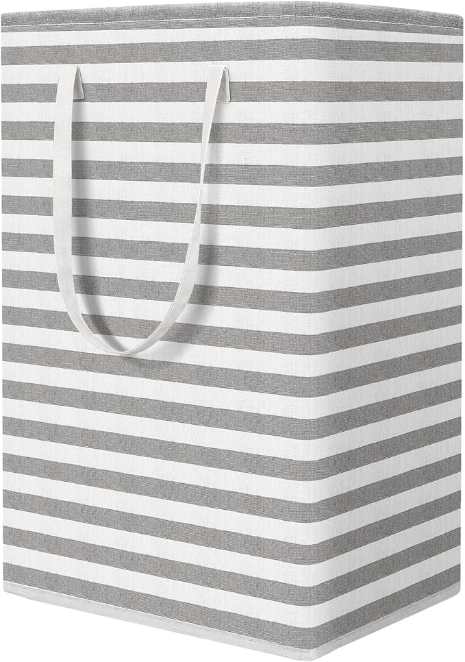 StorageRight Laundry Basket Hamper, 75L Clothes Storage, Striped Grey | Freestanding Clothes Hampers, Foldable design, with Easy Carry Handles, For Laundry, Bedroom, Dorm, Clothing, Towels, Toys