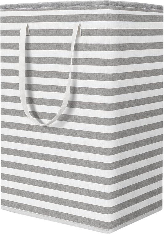 StorageRight Laundry Basket Hamper, 75L Clothes Storage, Striped Grey | Freestanding Clothes Hampers, Foldable design, with Easy Carry Handles, For Laundry, Bedroom, Dorm, Clothing, Towels, Toys