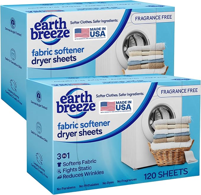 Earth Breeze Fabric Softener Dryer Sheets Fragrance Free (2 Pack) | Hypoallergenic, No Harsh Chemicals, Safe for Sensitive Skin – Static Cling & Wrinkle Reducer – Gentle Fabric Care