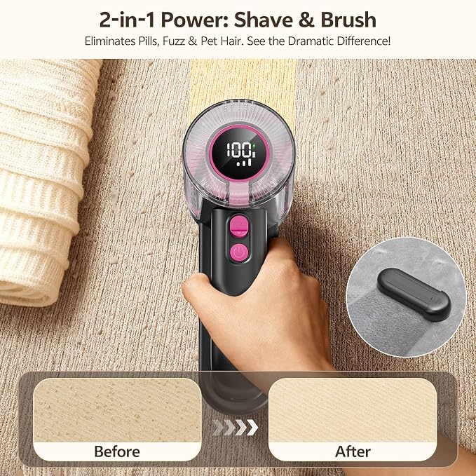 Rechargeable Fabric Shaver, 2-in-1 Lint Remover with 6-Blade | For sweaters, blankets, coats and cloth upholstery, with 200ml container, LED display, USB-C charging and 3 speeds