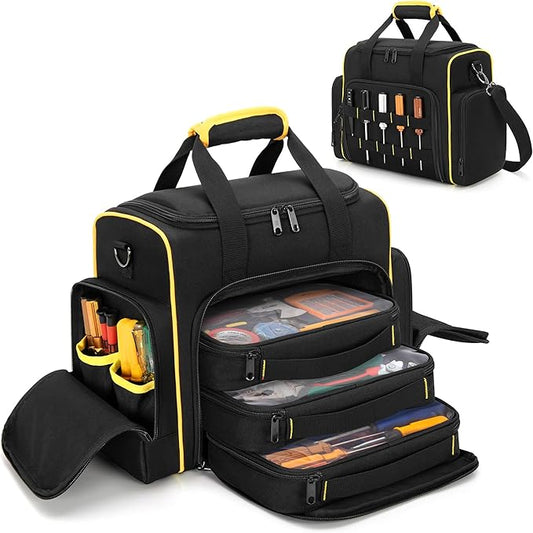 Marscamd Tool Bag with 3 Removable Cases, 2 Layers Tool Tote for Hand Tools, Black with Yellow Binding
