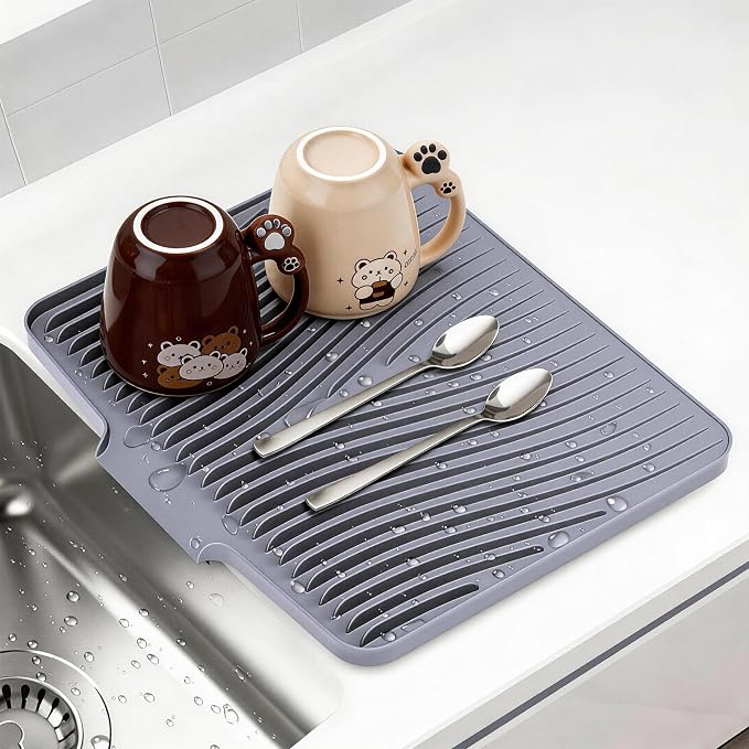 Silicone Dish Drying Mat for Kitchen counter, 15.8"x13" Extra Large Non-Slip Drain Pad with Built-in Drainage, Heat Resistant Dishwasher Safe, Grey