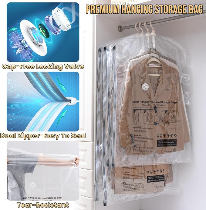 TAILI Hanging Vacuum Storage Bags with Electric Air Pump, Vacuum Seal Bags for Clothing Travel, Space Saving Hangers for Clothes, Coats, Suits and Jackets, Set of 4(2 Long, 2 Short)