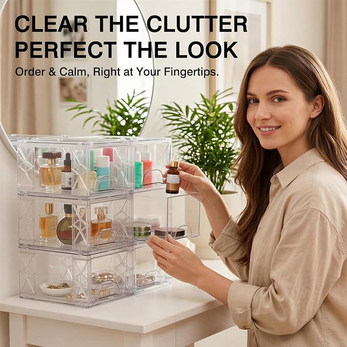 Stackable Storage Drawers 6 Pack 4.4in Clear Medicine Bins Organizer