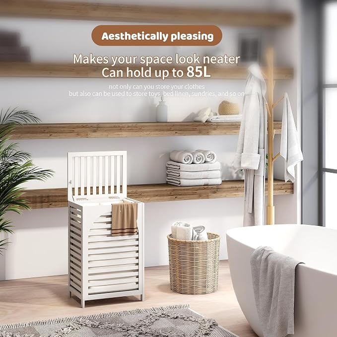 Laundry Hamper with Lid (16.9 * 13 * 26.5inches) Large Bamboo Laundry Bin Basket 85L Clothes Hamper with 1 Removable Bag Storage baskets for Bathroom (White)