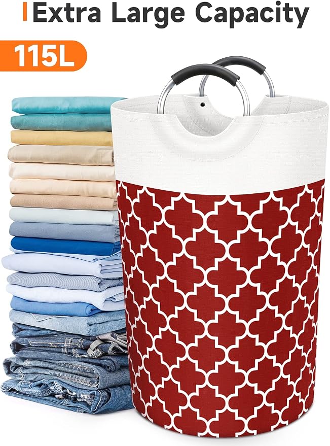 Fabspace Large Laundry Basket Laundry Hamper Bag Washing Bin Clothes Bag Collapsible Tall with Handles Waterproof Travel Bathroom College Essentials Storage for College Dorm, Family, 115L (Red) | Freestanding Laundry Hamper, Waterproof Dirty Clothes St...