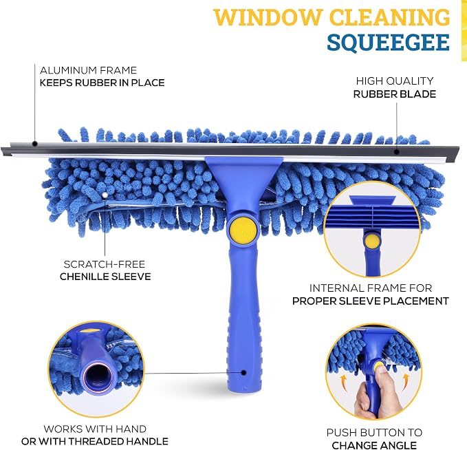 Kleen Handler 2-in-1 Window Squeegee with 60” Extendable Pole, Rotatable Glass Cleaner Tool for Commercial and Residential Use, 2 Reusable Sleeves and 14” Blade