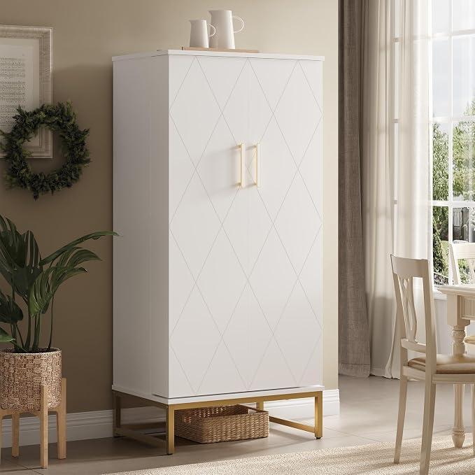 kepptory 51” Kitchen Pantry Storage Cabinet with Diamond Design, White Freestanding Pantry Cabinets with Golden Base and Handles, Buffet Cupboards Cabinet with 6 Adjustable and Large Storage Space