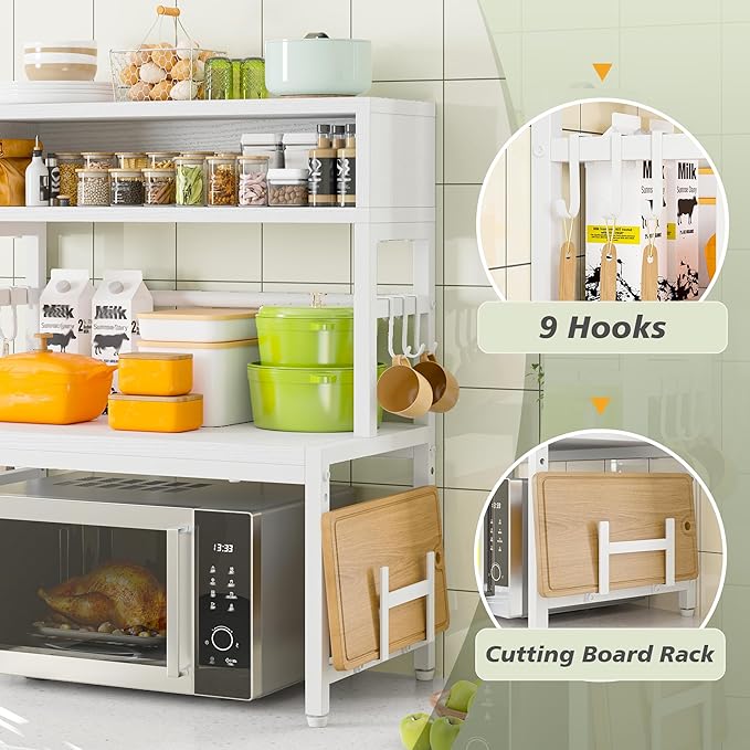 EnHomee 4-Tier Microwave Stand for Kitchen Storage, White | 205 lb Capacity, Adjustable Kitchen Shelves with 9 Hooks & Cutting Board Rack