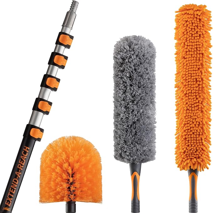 30 Foot High Reach Duster Kit with 5-24 ft Telescopic Extension Pole | High Ceiling Duster Cleaning Kit with Telescoping Pole, Cobweb Duster, Feather Duster and Ceiling Fan Duster