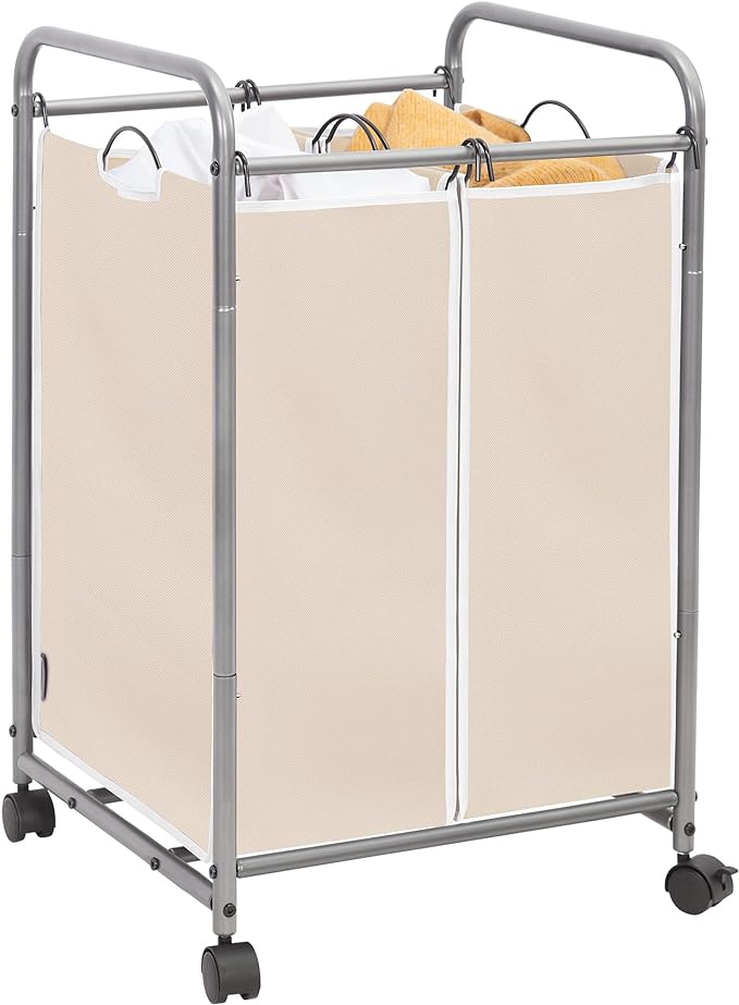 STORAGE MANIAC Laundry Sorter 2 Section, 90 L Gal Laundry Hamper with Wheels, Clothes Basket Separator Sorter, 2 Bag Cart and Removable Bags for Closet, Dorm, Collage, Beige