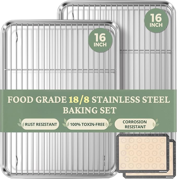 BRONYPRO 18/8 Stainless Steel Baking Sheet Set (2 Pans + 2 Mats+ 2 Racks) | Uncoated Cookie Sheets with Wire Rack & Macaron Silicone Mats, Non-Toxic (PFOA & PTFE Free), 16 In Jelly Roll Trays for Oven