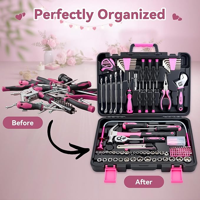 159 Piece Pink Tool Set, Tool Box Kit for Women Men, General Household Home Tool Kit, Basic Tool Kit for Home Auto Repair, with Storage Case