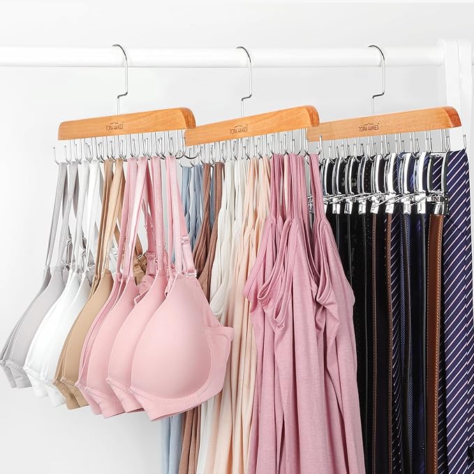 TOPIA HANGER 2 Pack Bra Hanger for Closet, Premium Wooden Tank Top Hangers | 40 Foldable Hooks, 360°Rotating Hooks, Easy to Install, Durable Solid Wood, Space Saving Storage for Tank Tops, Bras, Belts