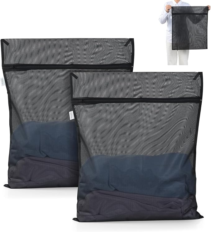OTraki 2 Pack Durable Laundry Bags with Zipper 20 x 24 Inch, Black | Breathable Mesh Delicates Bag for Washing Machine Travel Large Wash Bags for Bra Sock Underwear Lingerie Blouse, Don't Drying