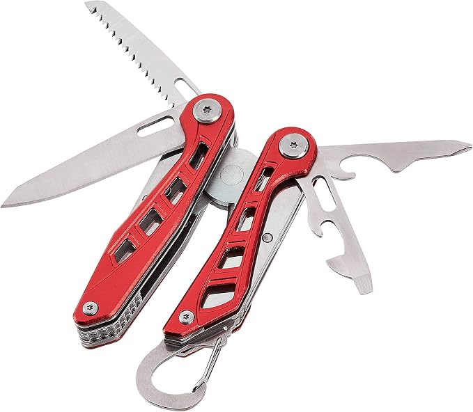 Amazon Basics 8-in-1 Stainless Steel Multitool with Safety Lock and Nylon Sheath, Red
