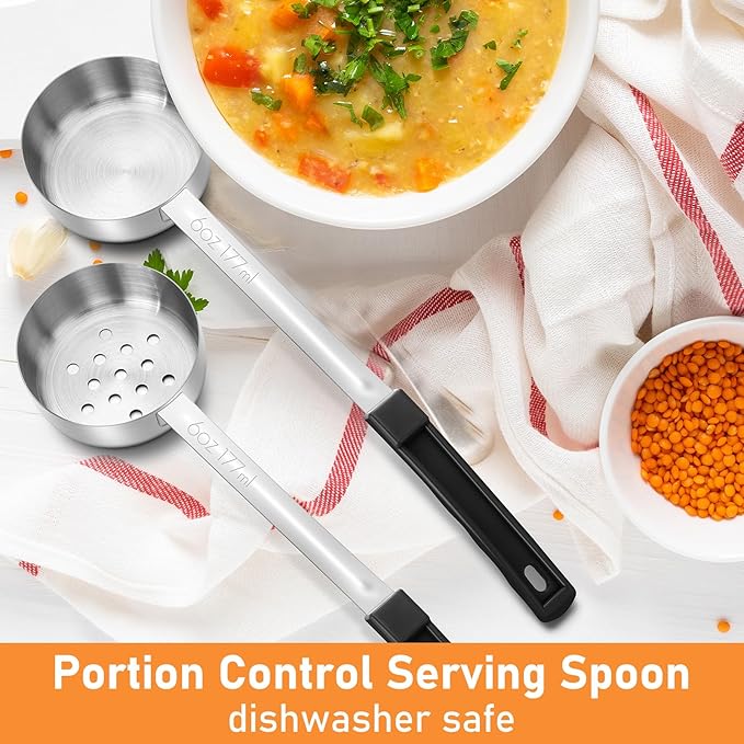 Teenyyou 4 Pcs Portion Control Serving Spoons Portion Control Spoons Ladle Scoops Food Measuring Utensils Proportion Manage Slotted and Unslotted Scoops for Weight Loss(Black,6oz)