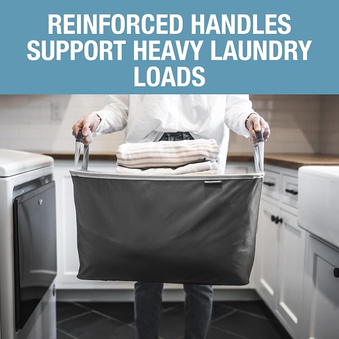 CleverMade Collapsible Laundry Basket, 60L, 2 Pack, Black | Each basket supports 55 lb and stays upright while loading, then folds to 1.25 inches for closets, dorms, and RVs.
