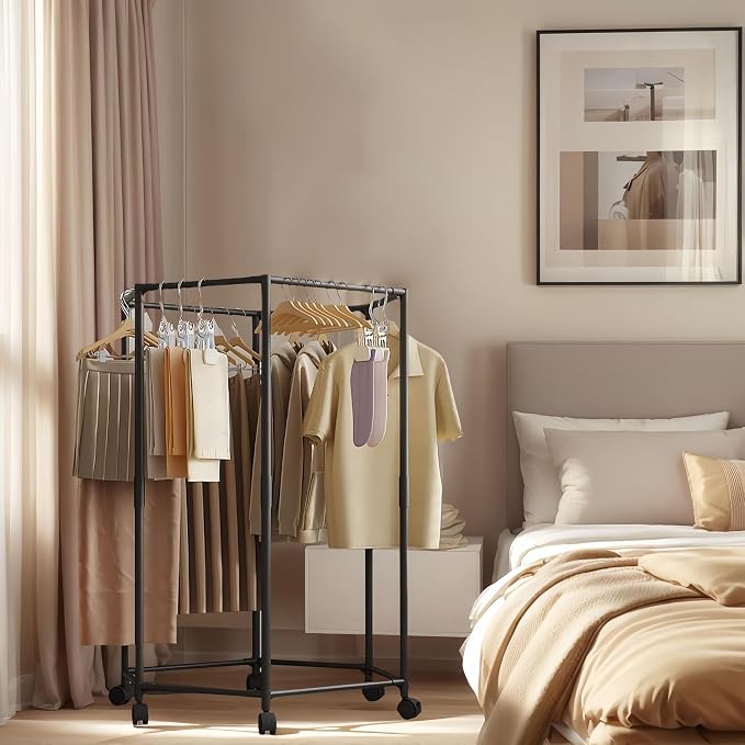 360° Rotating Multi-Tier Clothes Drying Rack with Wheels | Heavy-Duty Metal Garment Organizer for Bedroom, Closet, Balcony & Laundry Room | Space-Saving Corner Clothing Hanger Stand