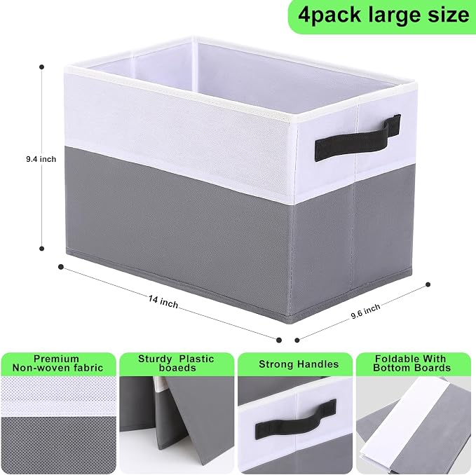 Large Shelf Storage Bins [4 Pack],Decorative Collapsible Storage Basket,Fabric Closet Organizer and Home Storage Cubes with Handles for Organizing Books, Clothes, Toys, Nursery（Grey）