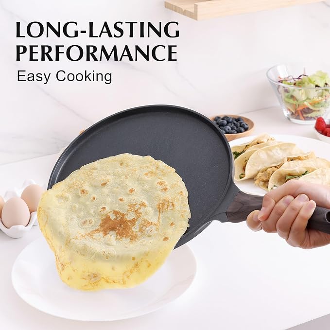 SENSARTE Nonstick Crepe Pan, Swiss Granite Coating Dosa Pan Pancake Flat Skillet Tawa Griddle 10-Inch with Stay-Cool Handle, Induction Compatible (Black)