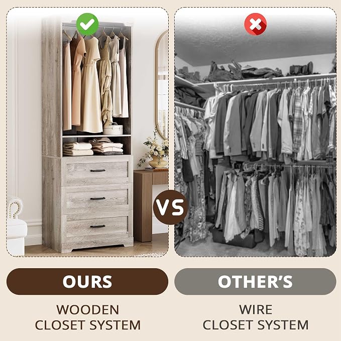 IRONCK Freestanding Closet System with 3 Wood Drawers, Modern Armoire Wardrobe with Adjustable Shelves & Hanging Rod, Walk-in Closet Systems Organizer for Small Closet, Rustic Maple