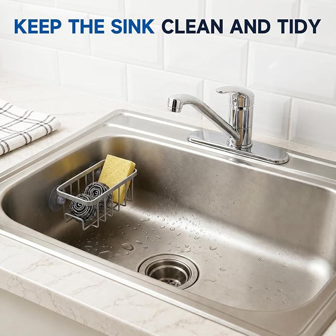Sponge Holder for Kitchen Sink - Rustproof Coated Sink Caddy with 2 Side Hooks | Heavy Duty Suction Cup In-Sink Organizer for sponge, Scrubber & Stopper, Silver