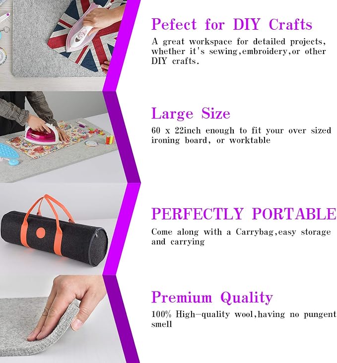 Rdutuok Wool Pressing Mat 60 x 22 Inch Extra Large Ironing Mat for Quilting 1/2" Thick 100% New Zealand Wool Ironing Pad for Quilters Tabletop Ironing Board Alternative for Sewing and Embroidery