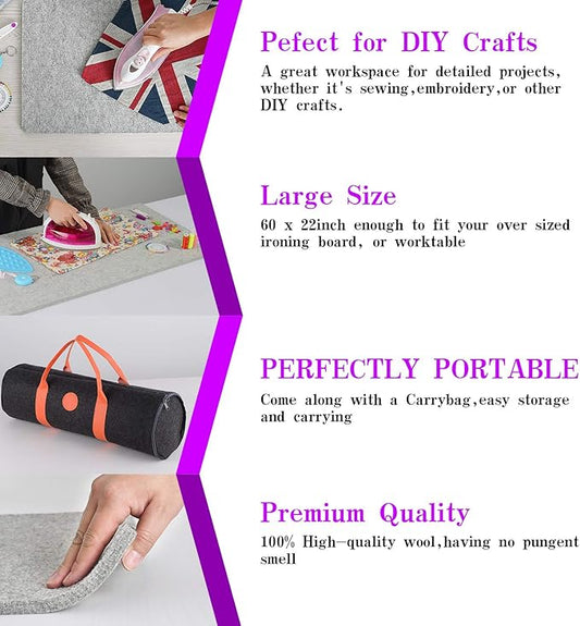 Rdutuok Wool Pressing Mat 60 x 22 Inch Extra Large Ironing Mat for Quilting 1/2" Thick 100% New Zealand Wool Ironing Pad for Quilters Tabletop Ironing Board Alternative for Sewing and Embroidery