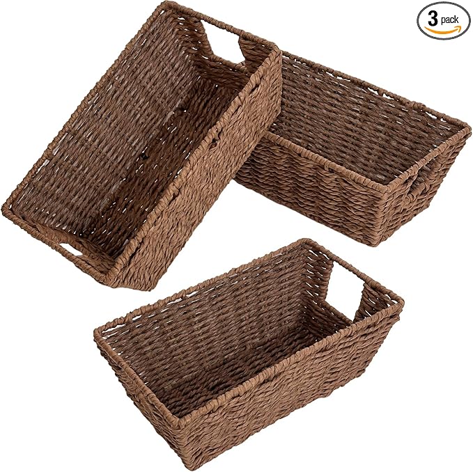 Paper Rope Storage Baskets for Shelves Organizing, Small Hand Woven Wicker Organizer Basket with Handle for Bathroom Toilet Paper Storage, Brown, 3-Pack