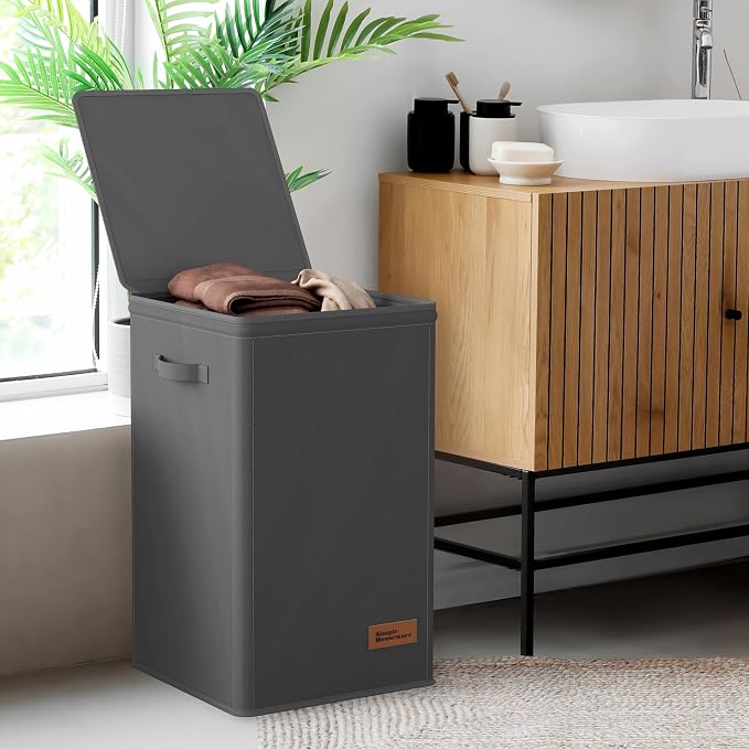 Simple Houseware Foldable Laundry Hamper Basket with Lid and Bag, Dark Gray | Heavy Duty 600D Polyester, Water-Resistant Surface