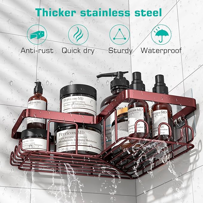 YASONIC Corner Shower Caddy, 3-Pack Adhesive Shower Caddy with Soap Holder and 12 Hooks, Rustproof Stainless Steel, No Drilling Wall Mounted Rack Organizer, for Bathroom, Bronze