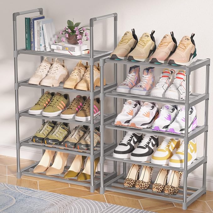 OYREL 10-Tier Metal Shoe Rack, Narrow Shoe Rack Organizer, Sturdy Shoe Shelf for Closets, Entryway, Bedroom, Garage - Silver | Closets, Entryway, Bedroom, Garage, Space Saving Tall Shoe Shelf, Free Standing Boot Storage Racks, Silver