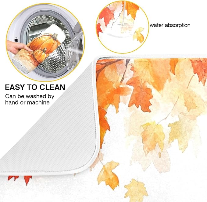 Fall Gnomes Dish Drying Mat for Kitchen Countertop 18x24 Autumn Pumpkin Maple Leaves Large Drying Mat Reusable Quick Dry Dish Sink Mats Easy Clean Decorative Essentials