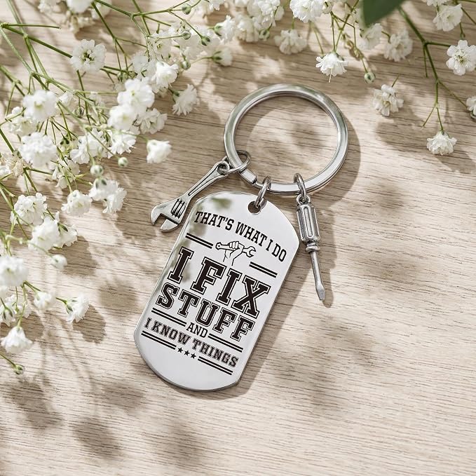 Dad Keychain Gifts for Men - Fix Stuff and I Know Things Keychain, Cool Fathers Day Birthday Christmas Gift Ideas for Dad Husband Grandpa, Gift for Man Mechanic Handyman Engineers