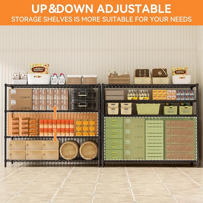 ROOMTEC 4-Tier Heavy Duty Garage Shelves, 60"L*24"W*72"H, Max Loads 3200LBS | Adjustable Storage Shelves, Wire Shelving, Industrial Metal Shelf Rack for Kitchen, Laundry, Pantry, Warehouse, Basement