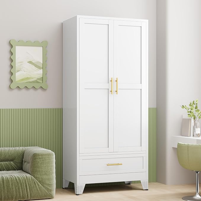 GAIOUS Metal Armoire Wardrobe Closet Cabinet with 2 Doors and Drawer, 71" | Household Wardrobe Cabinet with Hanging Rod, Clothing Storage Cabinet with Adjustable Shelf for Bedroom Cloak Room Gym White