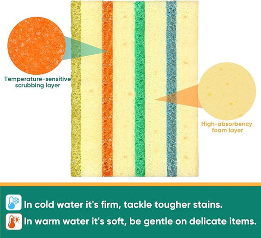 LAUNDRYLUX 12 Pack Scrub Sponge - Temperature-Responsive - 50% More Power & Rinses Cleaner Cleaning Sponges, Multipurpose Dish Sponges for Kitchens, Bathrooms, and Outdoor Use - Patent Pending